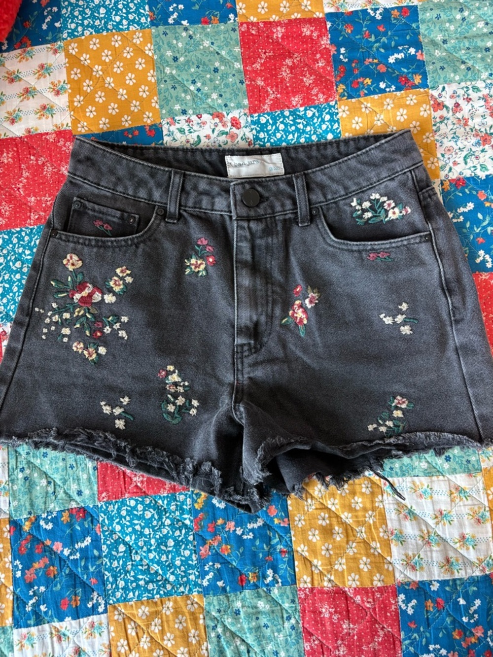 Black Floral Embroidered Denim Shorts